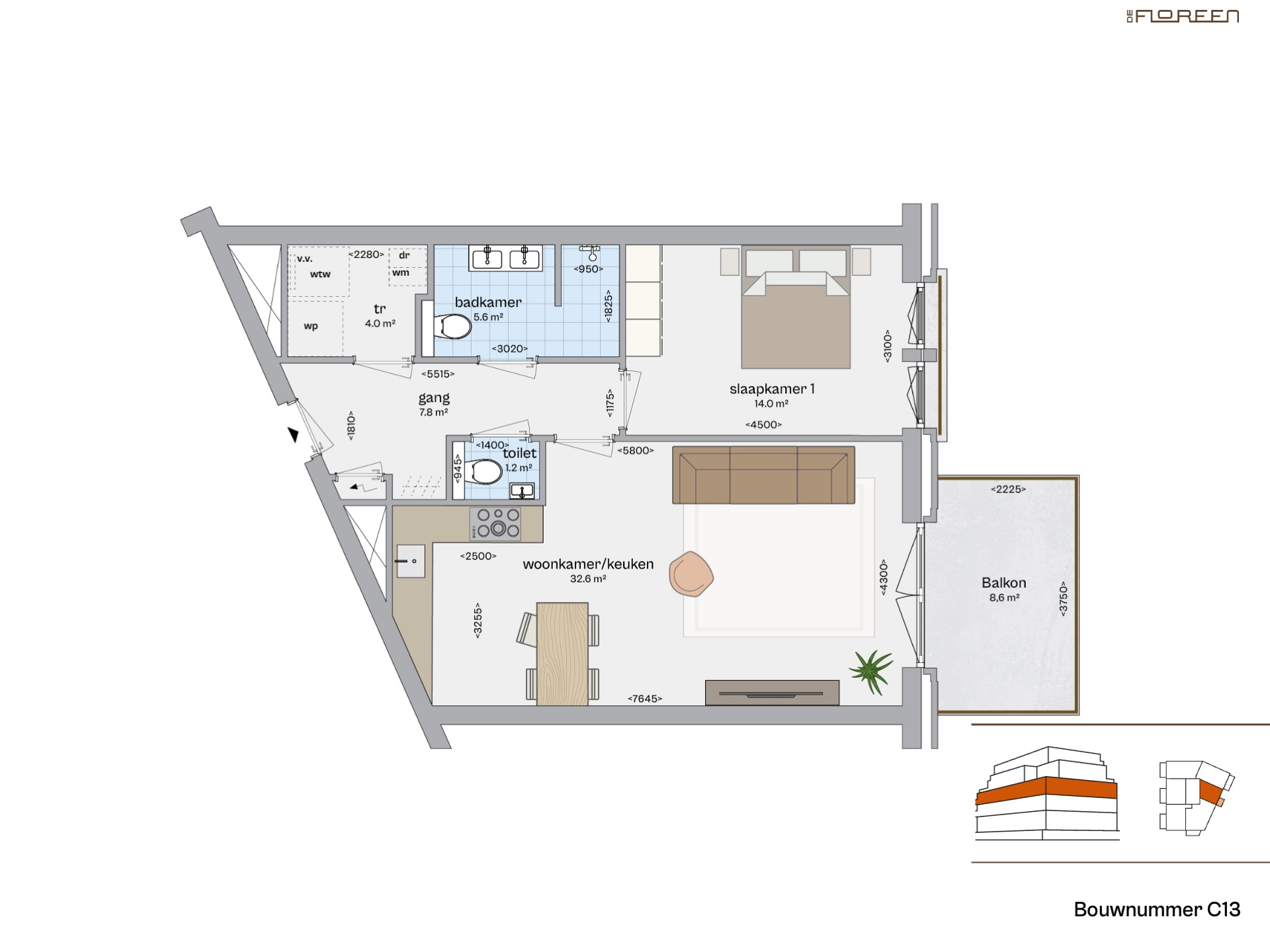 Fundaplattegrond appartement C13